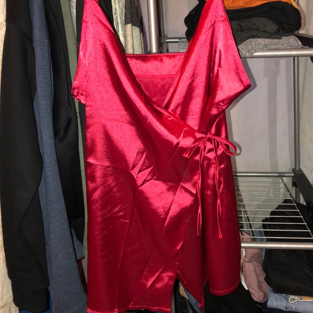 Red silky wrap shirt